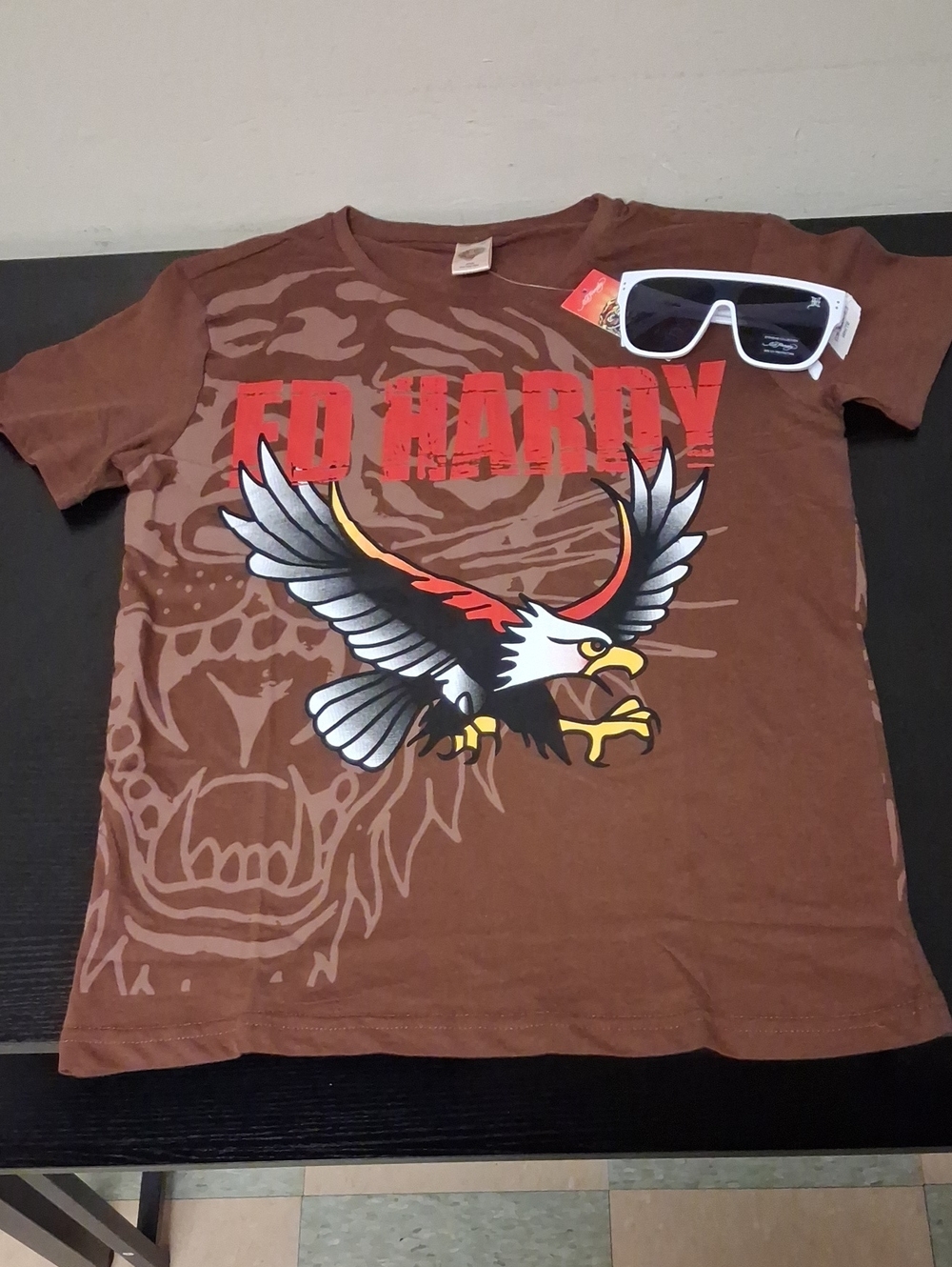 Ed Hardy Brown Tee with Red Logo and Eagle Graphic And Sunglasses Bundle NWT